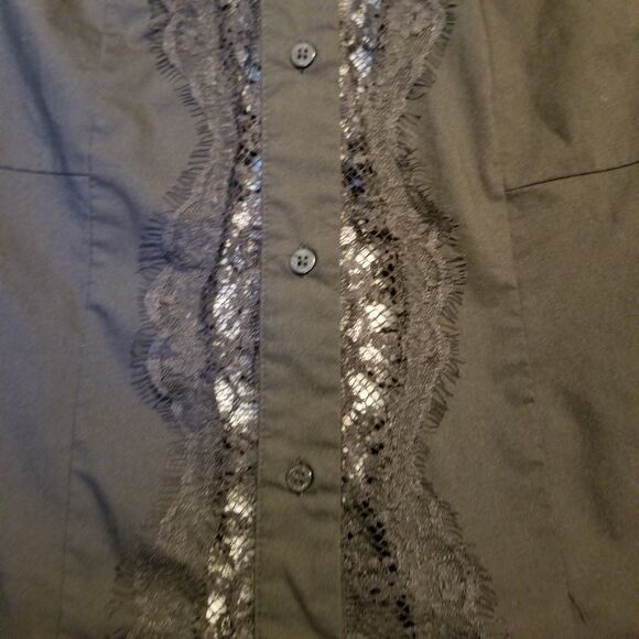 Worthington 3X Top Stretch Black Button Front Lace Sheer Panels Whimsigoth Boho - Picture 5 of 9